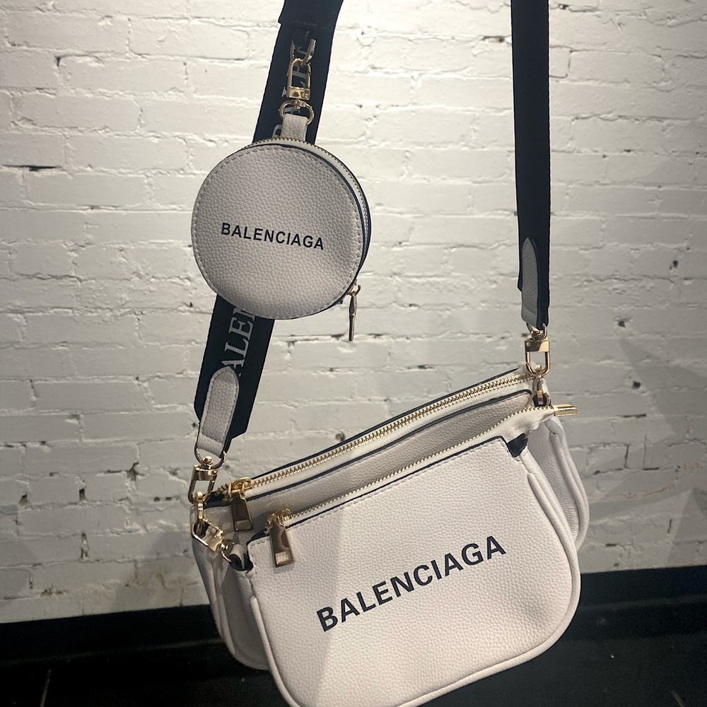 BALENCIAGA multi-pouch cross body purse, white with black adjustable strap